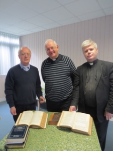 Fr Adrian Graffy, Deacon John Morrill and Fr Stewart Foster with ancient bibles