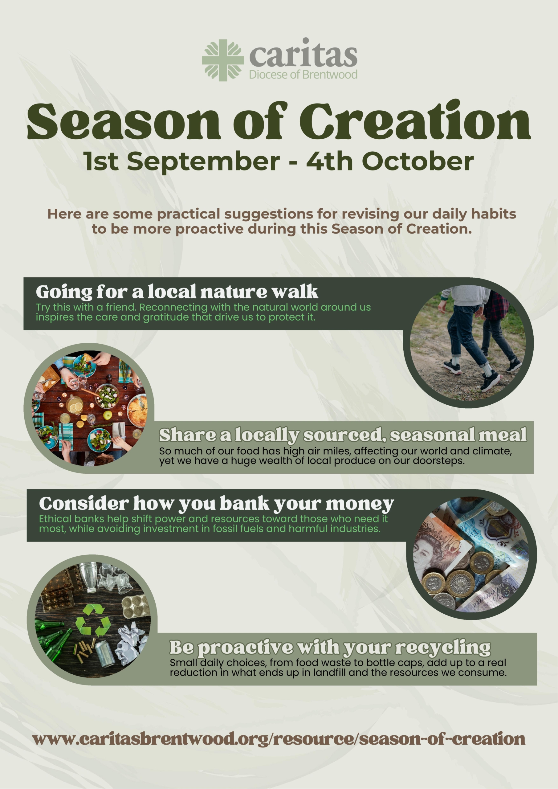 Ideas including a daily nature walk, eating locally sourced food, considering how you bank your money and being proactive with recycling